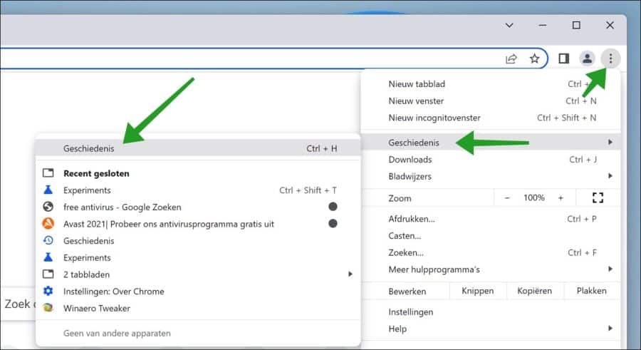 Trajecten functie openen in Google Chrome