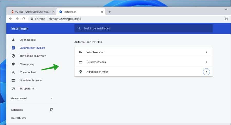 Verschillende automatisch invullen opties in Google Chrome