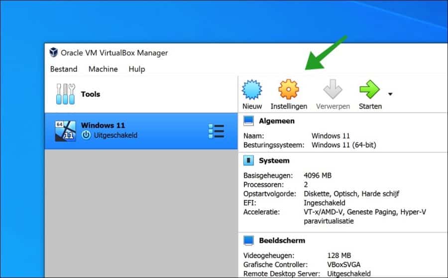 Windows 11 VM instellingen openen