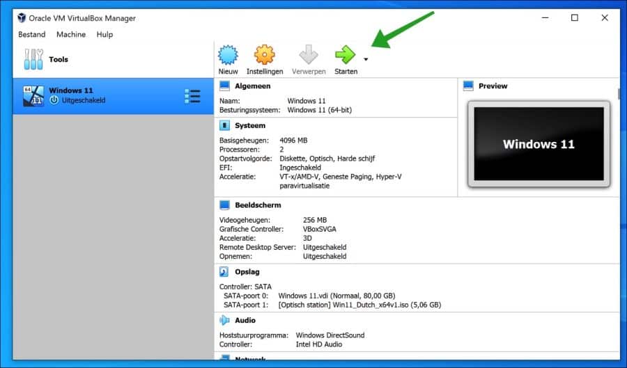 Windows 11 virtuele machine starten in VirtualBox