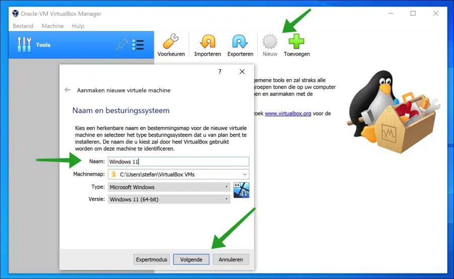 Windows 11 vm aanmaken via VirtualBox
