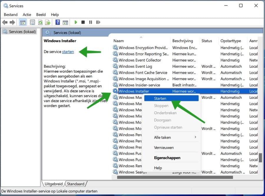 Windows installer service starten