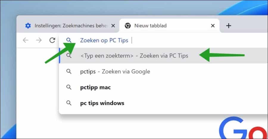 Zoeken met toegevoegde zoekmachine in Google chrome