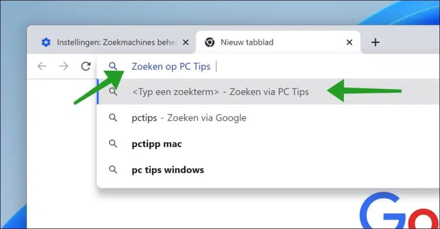 Zoeken met toegevoegde zoekmachine in Google chrome