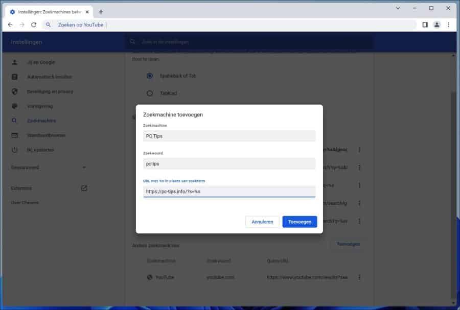 Zoekmachine toevoegen in Google Chome