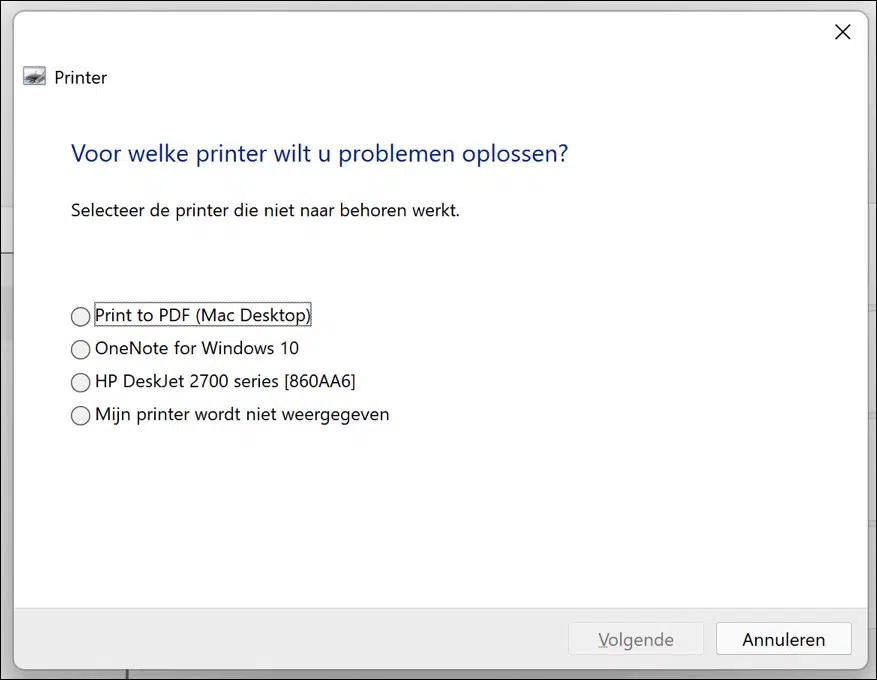 voor welke printer wilt u problemen oplossen in Windows 11