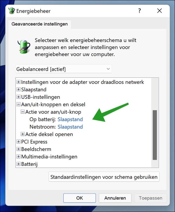 Aan uit-knoppen en deksel instellingen wijzigen in Windows 11