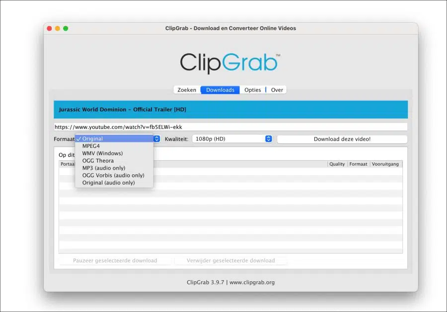 ClipGrab video format