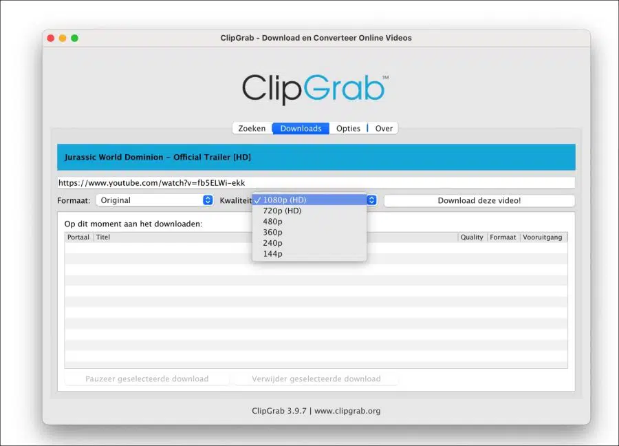 ClipGrab video kwaliteit