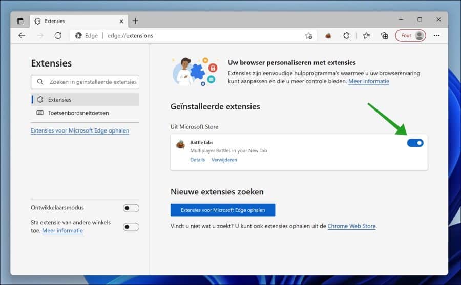 Deshabilitar la extensión en Microsoft Edge