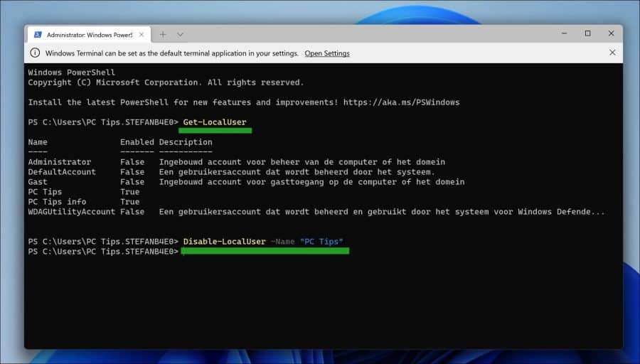 Gebruikersaccount in Windows 11 blokkeren via PowerShell