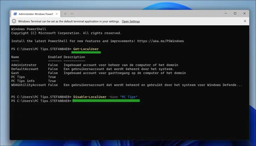 Gebruikersaccount in Windows 11 blokkeren via PowerShell
