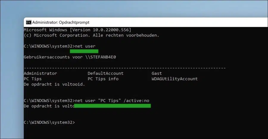 Gebruikersaccount uitschakelen via Opdrachtprompt in Windows 11
