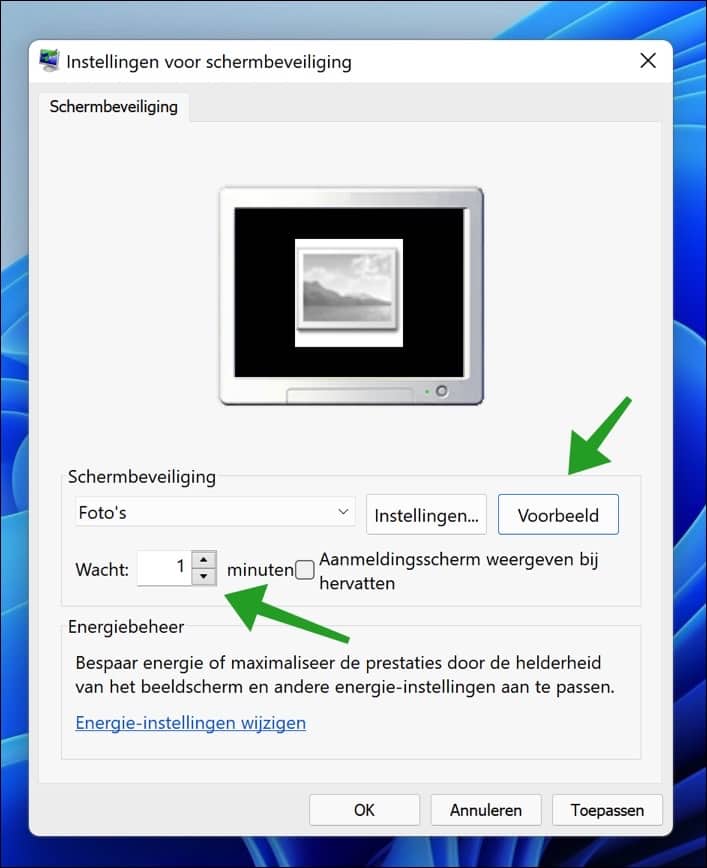 Instellingen voor screensaver in Windows 11