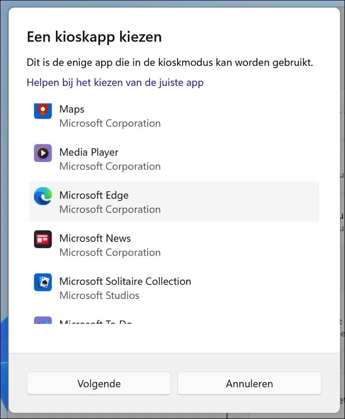 Kiosk app selecteren