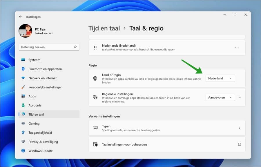 Land of regio instellingen wijzigen in Windows 11