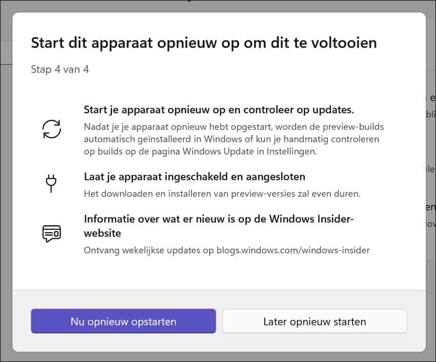 Opnieuw opstarten om insider preview aanmelding te voltooien