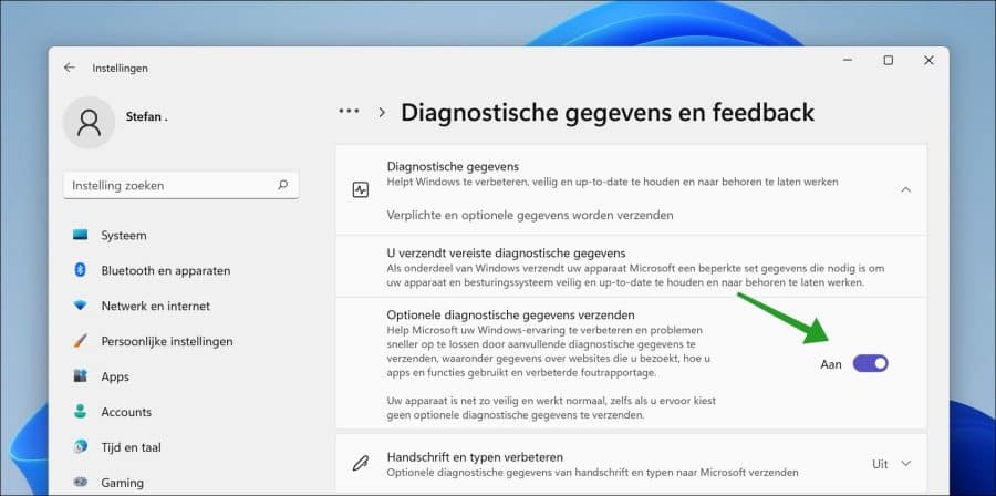 Activer l'envoi de données de diagnostic facultatives