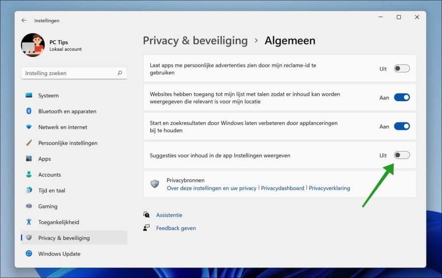 Suggesties voor inhoud in de app Instellingen weergeven uitschakelen