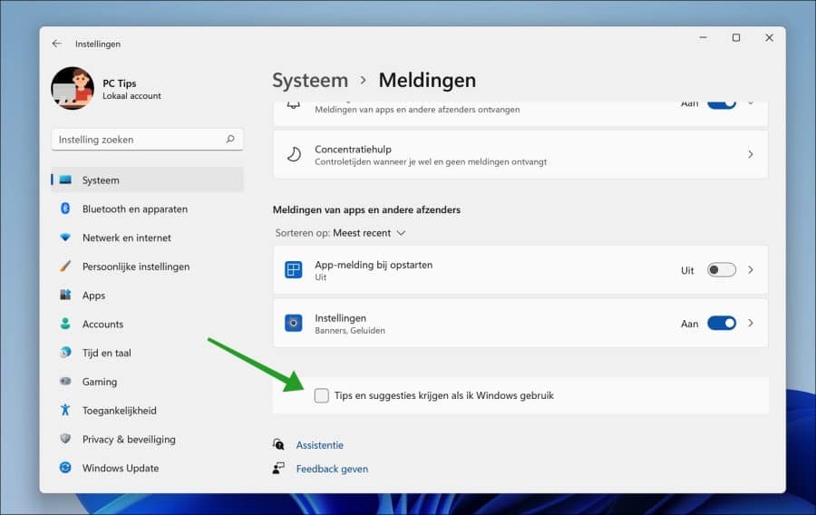 Tips en suggesties krijgen als ik Windows gebruik uitschakelen