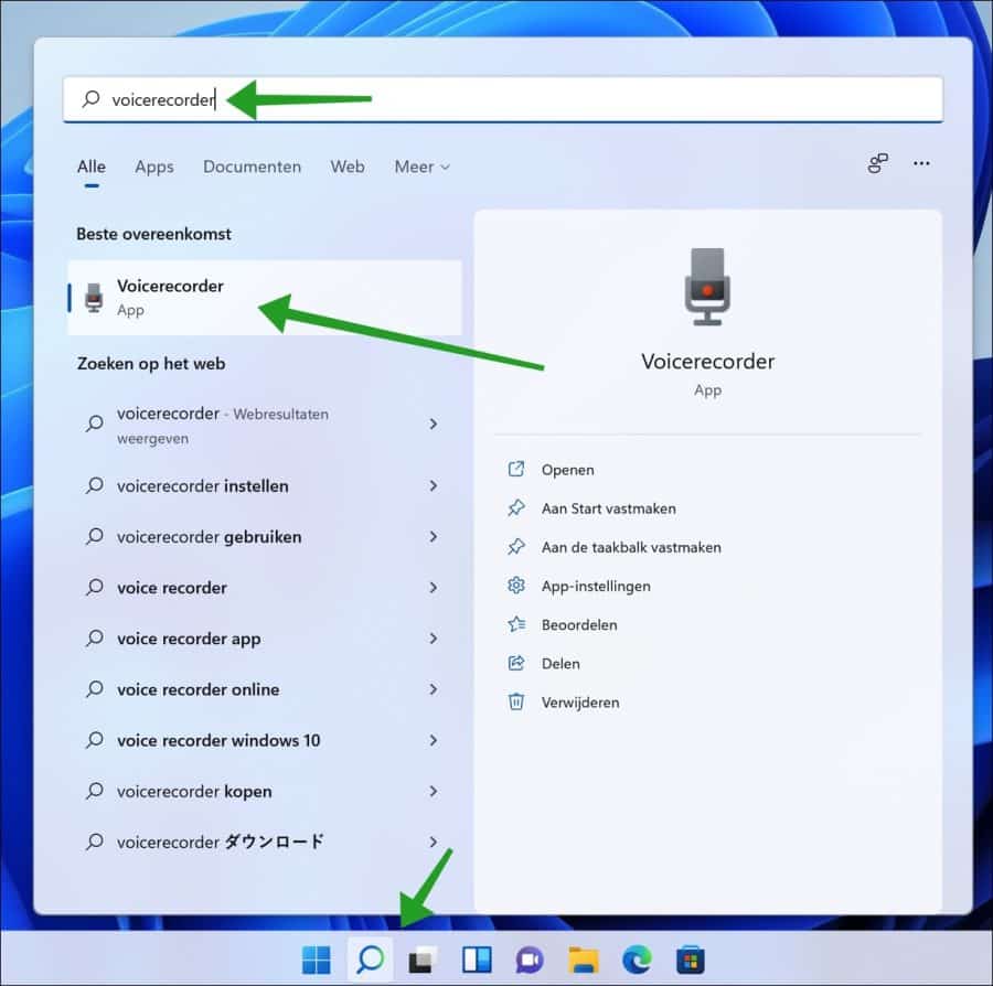 Voicerecorder app openen in Windows 11