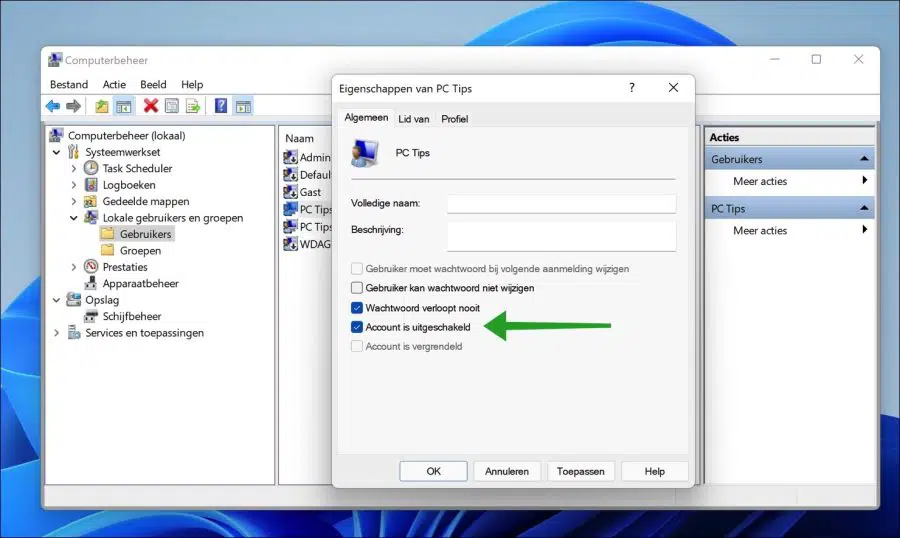 Windows 11 account uitschakelen via Computerbeheer