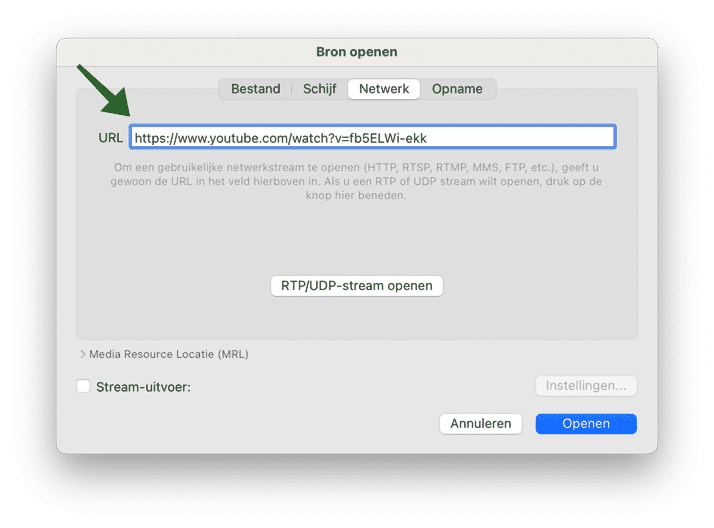 YouTube URL ingeven in VLC