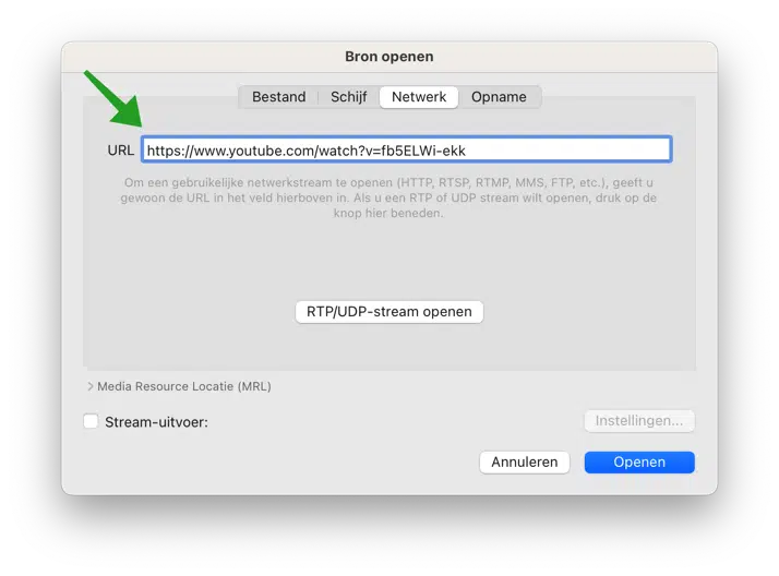 YouTube URL ingeven in VLC