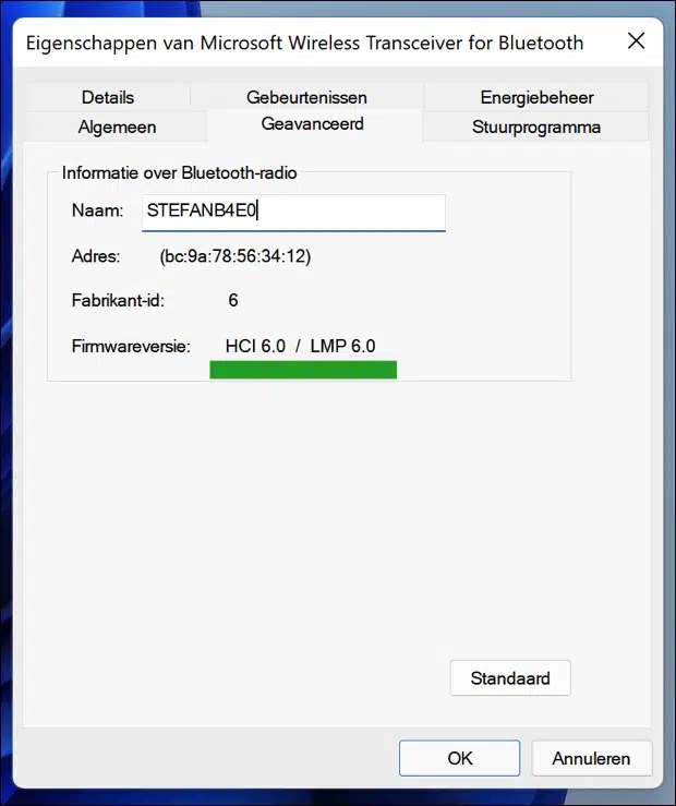 bluetooth geavanceerde eigenschappen openen om versie te achterhalen