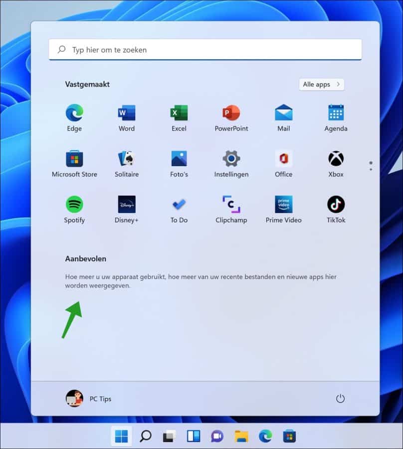 Featured in the Start menu in Windows 11 is empty