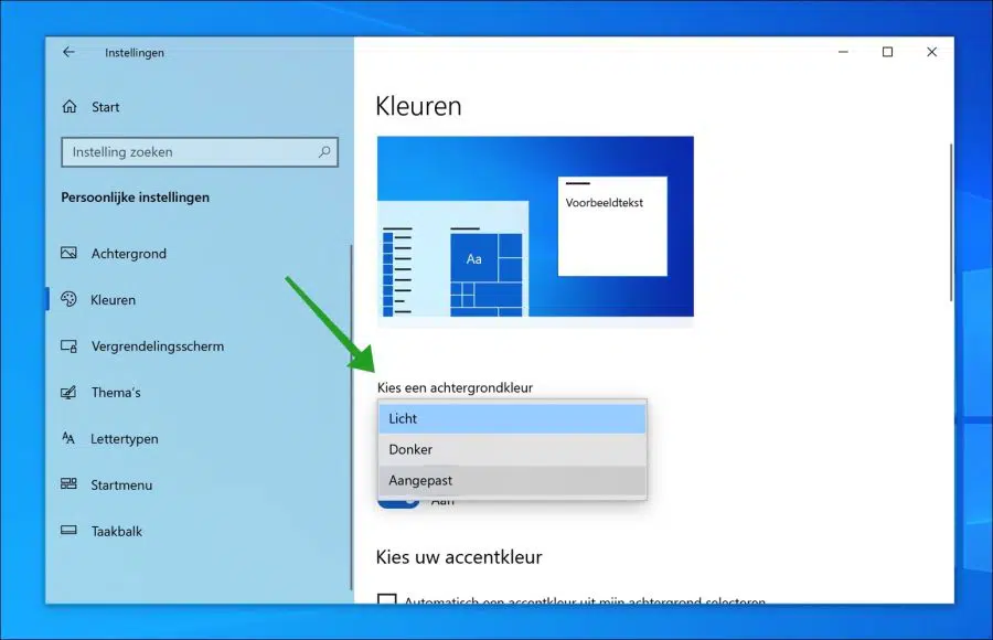 Achtergrond kleur selecteren in Windows 10
