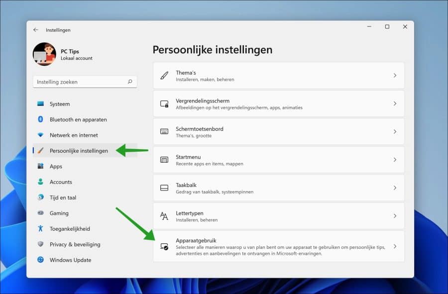 Apparaatgebruik instellingen in Windows 11