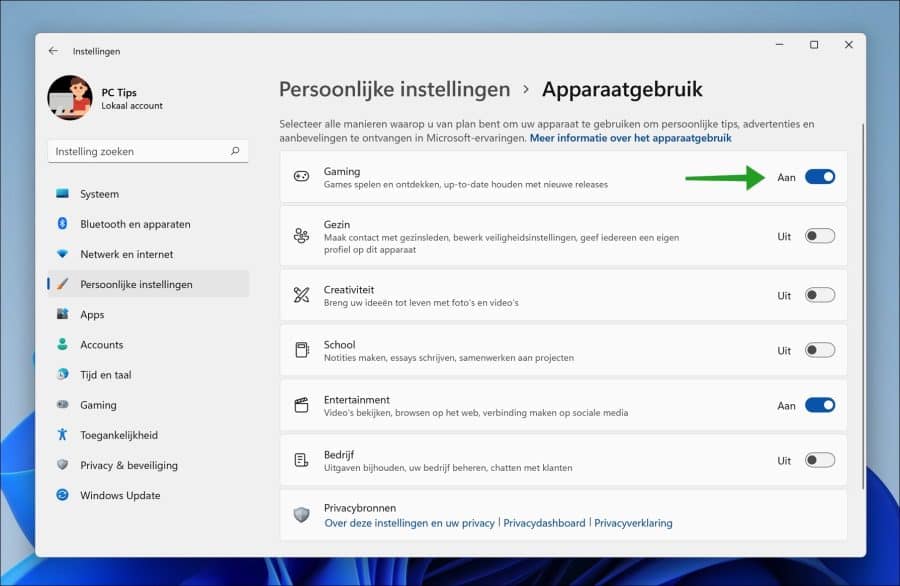 Apparaatgebruik wijzigen in Windows 11