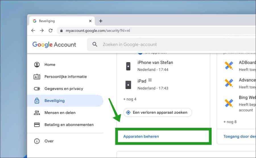 Apparaten beheren in Google account
