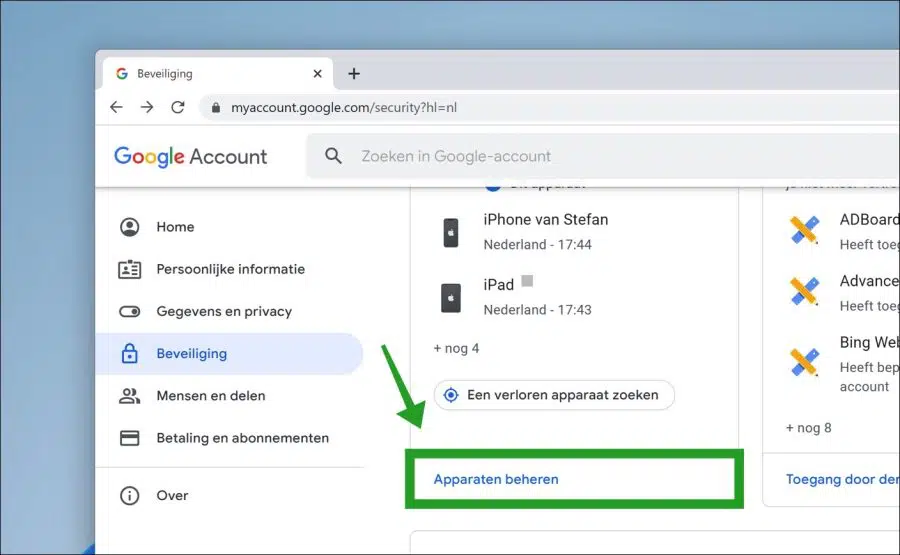 Apparaten beheren in Google account