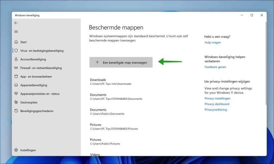 Beschermde mappen toevoegen aan ransomware bescherming in Windows 11