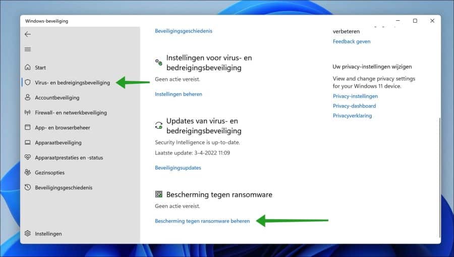 Bescherming tegen ransomware beheren in Windows 11