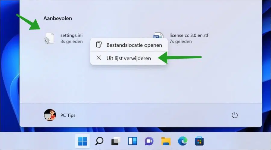 Bestand uit aanbevolen lijst wissen in Windows 11