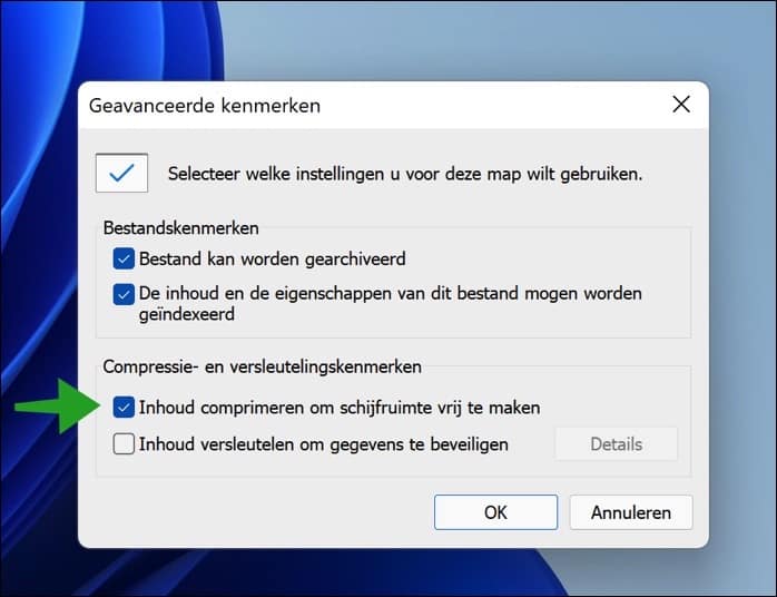Bestandsinhoud comprimeren inschakelen