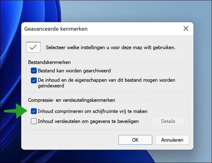 Bestandsinhoud comprimeren inschakelen