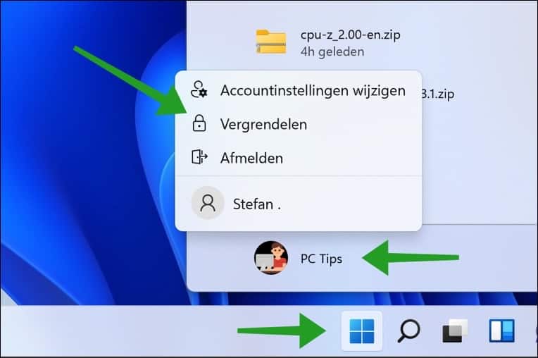 Computer vergrendelen via Start menu in Windows