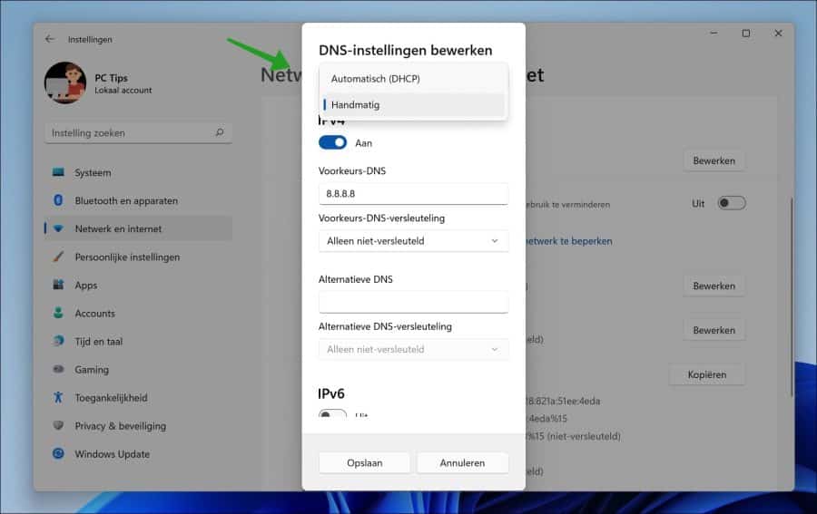 DNS instellingen wijzigen in Windows 11