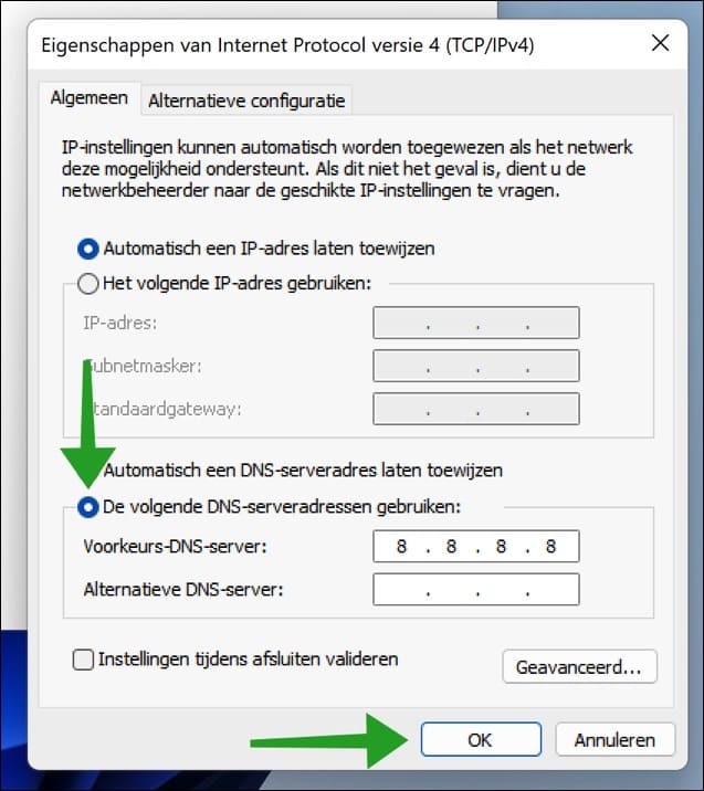 DNS-serveraddressen wijzigen via ipv4 instellingen in Windows 11