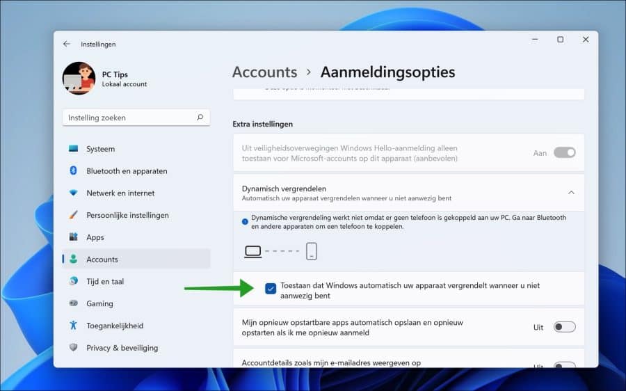 Dynamisch vergrendelen in Windows