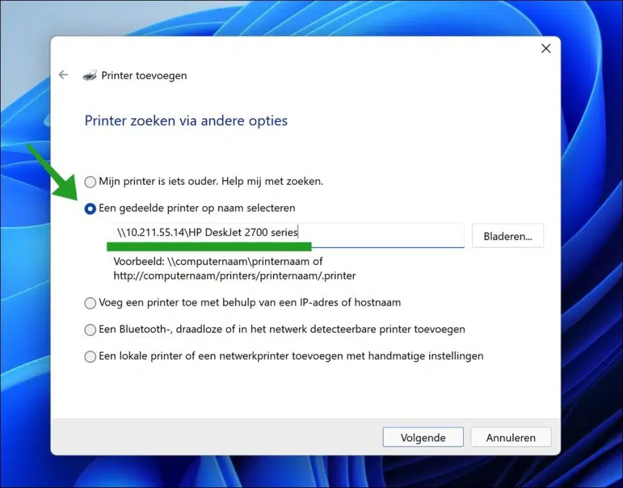 Een gedeelde printer toevoegen in Windows 11