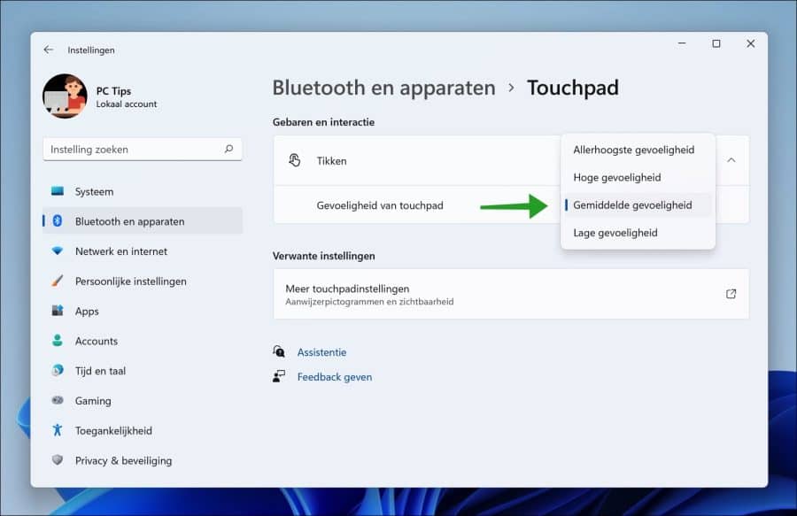 Gevoeligheid van touchpad wijzigen in Windows 11 via instellingen