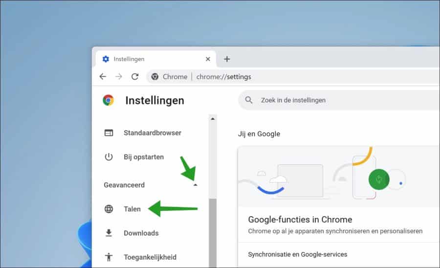 Google Chrome geavanceerde talen instellingen openen