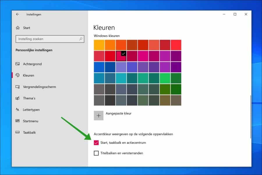 Kleur veranderen van de taakbalk in Windows 10