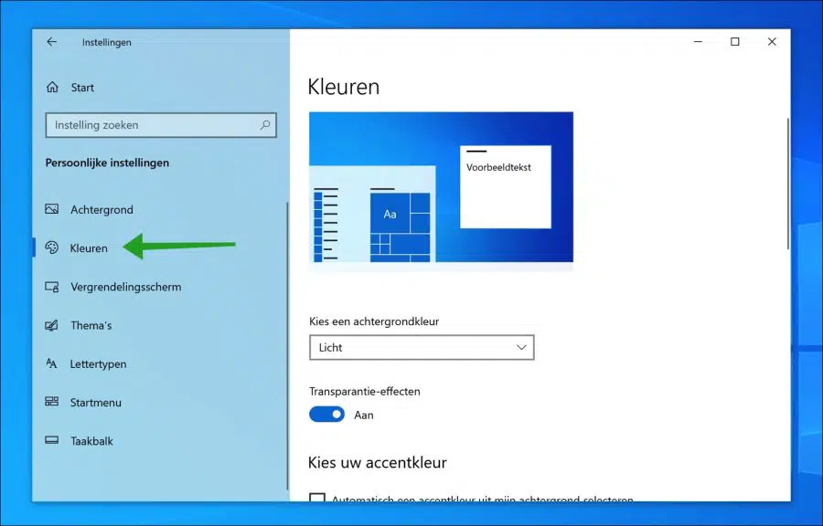 Kleuren instellingen openen in Windows 10
