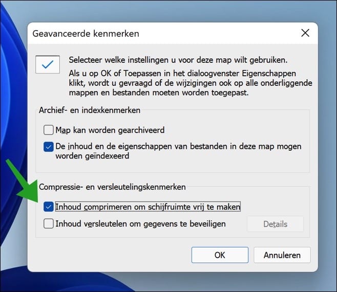 Map inhoud comprimeren om schijfruimte vrij te maken